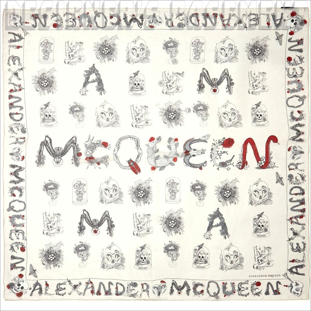 ALEXANDER MCQUEEN white letters SKULL CABINETS silk chiffon 52" sqr scarf shawl